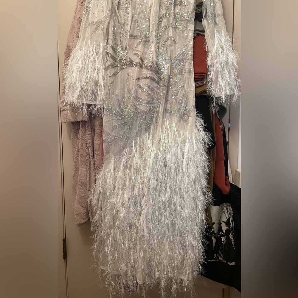 ASOS Elegant Silver Beaded White Feathered Women's Dress - Picture 6 of 10